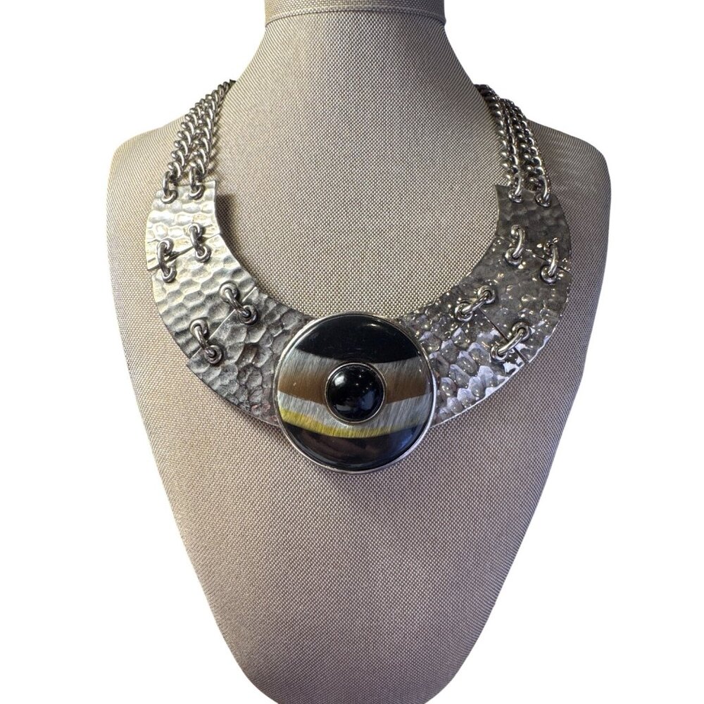St. John Necklace Hammered Silver-Tone Chain Statement Collar Modernist Bib
